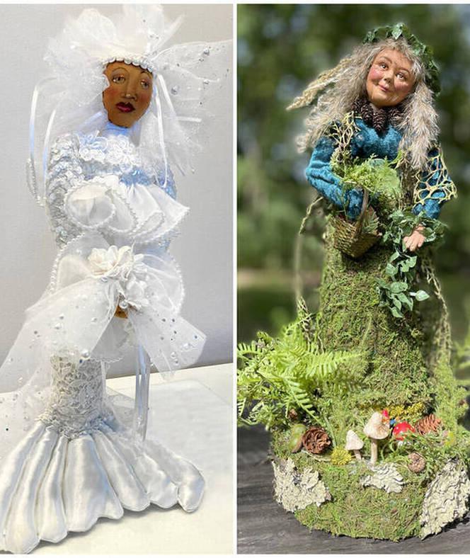 Hand crafted dolls: Grandmother Forest by Juniper Mainelis and Mermaid Bride by Mary D. Pinckney